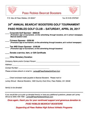 Fillable Online Annual Bearcat Boosters Golf Tournament Paso Robles