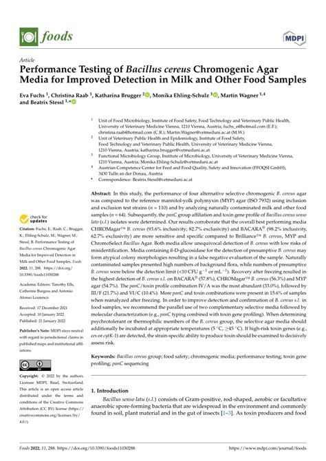 Pdf Performance Testing Of Bacillus Cereus Chromogenic Agar Media For