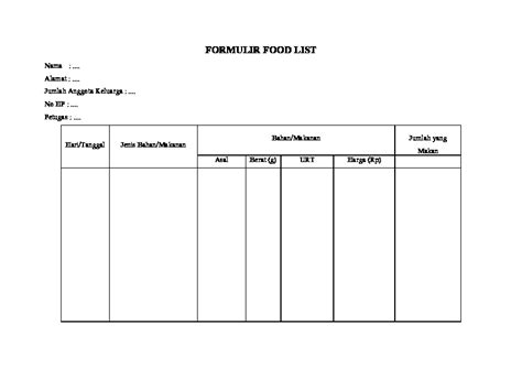 Formulir Food Listdocx Pdfcoffeecom