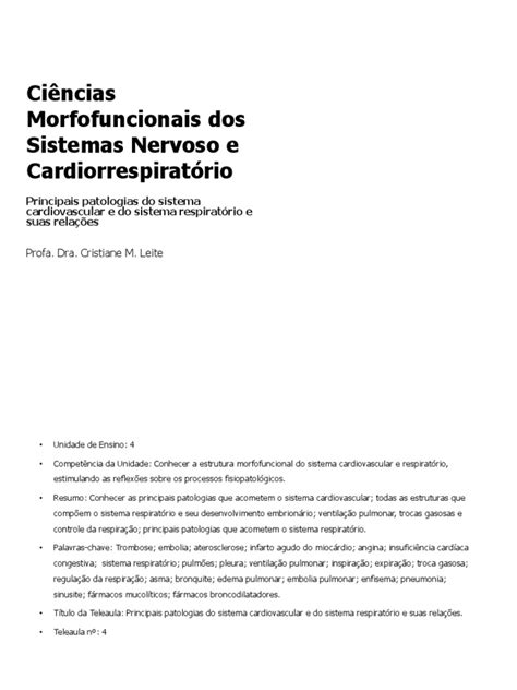 Ciências Morfofuncionais Dos Sistemas Nervoso E Cardiorrespiratório