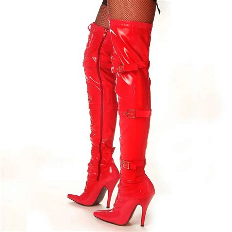 Red Patent Leather Pointed Toe Buckled Lace Up Sexy Thigh High Boots ...