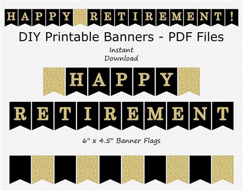 Happy Retirement Banner Black & Gold Glitter PRINTABLE INSTANT DOWNLOAD ...