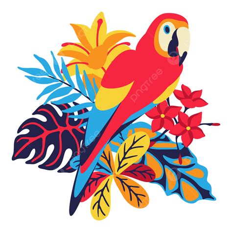 Ilustración De Loro Guacamayo Con Plantas Tropicales PNG dibujos