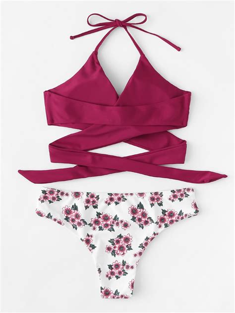 Wrap Halter Top With Floral Bikini Setfor Women Romwe Floral Bikini