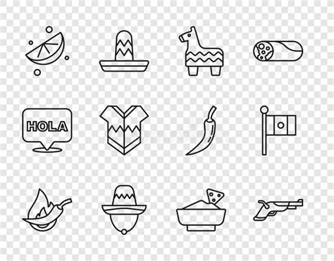 Set Line Hot Chili Pepper Pod Vintage Pistols Pinata Mexican Sombrero Sliced Lime Poncho