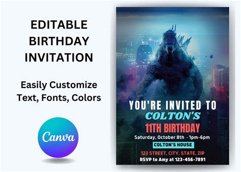 EDITABLE, Godzilla Kids Birthday Party Invite, Gojira Invitation ...