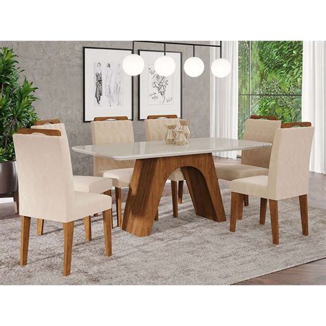 Conjunto De Mesa De Jantar Tampo De Vidro Off White Clara E Cadeiras Paola Suede Nude E