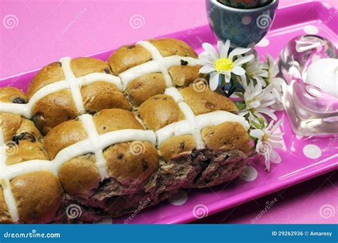Happy Easter Hot Cross Buns On Pink Polka Dot Tray Stock Photo Image Of Easter Spring 29262936