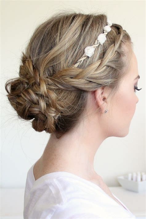 Braided Updo With A Flower Crown · How To Style A Crown Braid · Beauty