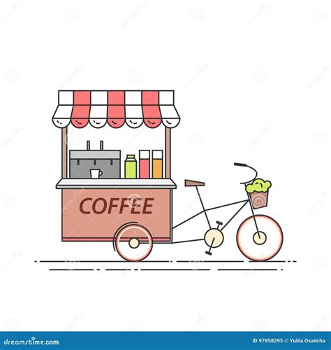 Coffee Bicycle. Cart on Wheels. Food and Drink Kiosk . Vector