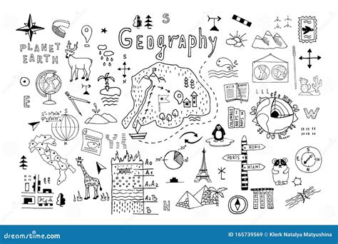 Symbols And Drawings For A School Geography Lesson Set On A White