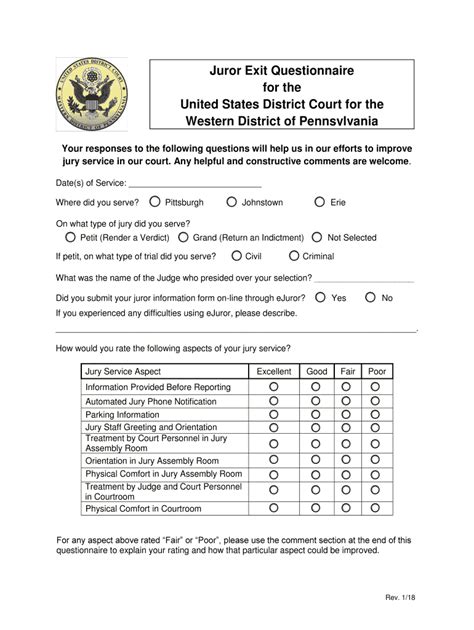 Fillable Online Juror Exit Questionnaire For The United States District Fax Email Print