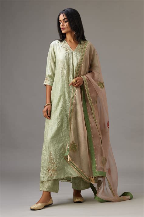 Buy Green Kurta And Pant Silk Embroidery Sequin V Neck Placement Set