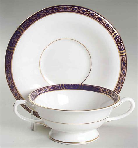 Mountbatten Cobalt Blue Gold Trim Footed Cream Soup Bowl Saucer Set