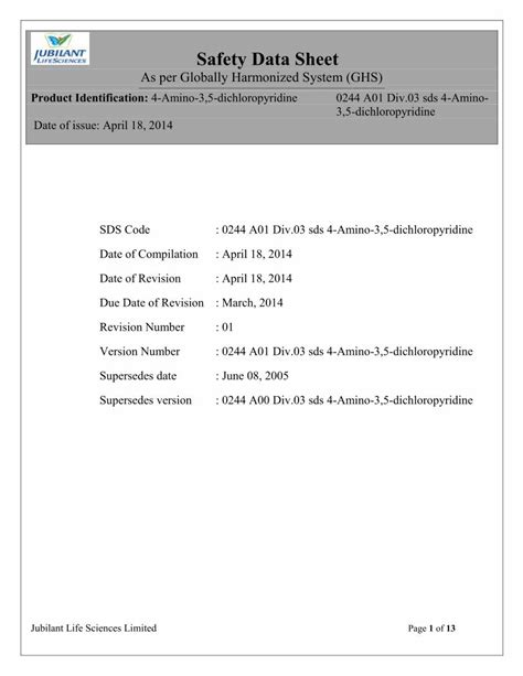 Pdf Safety Data Sheet Jubl Pdf Filesafety Data Sheet As Per