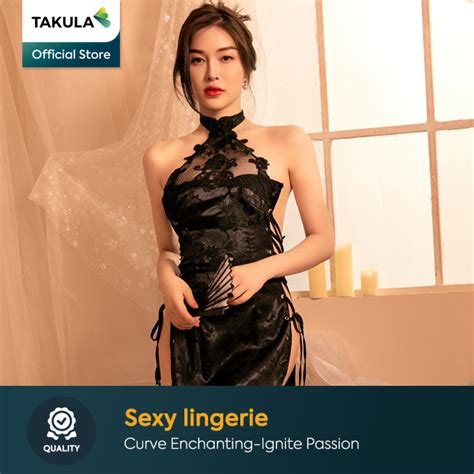 Vintage Inspired Embroidered Print Backless Cheongsam Lingerie Set For