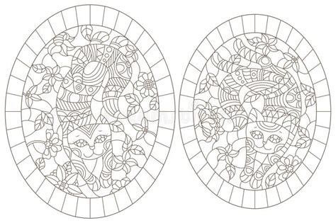 Set Of Contour Illustrations Of Stained Glass Cats On A Background Of