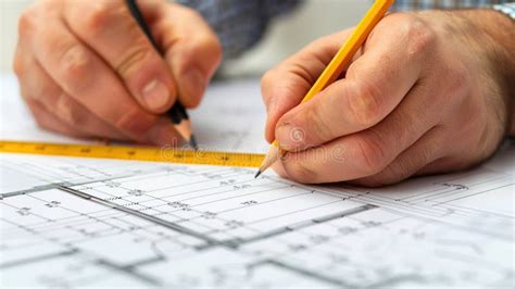 Close Up Of Architect S Hand Drawing Blueprint Stock Illustration