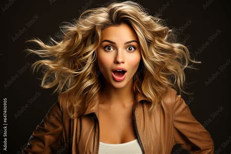 Captivating Blonde Woman Modern And Beautiful Caught In A Moment Of Surprise With Windswept