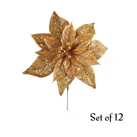 Pack Sparkling Gold Glitter Poinsettia Flower Picks Wide