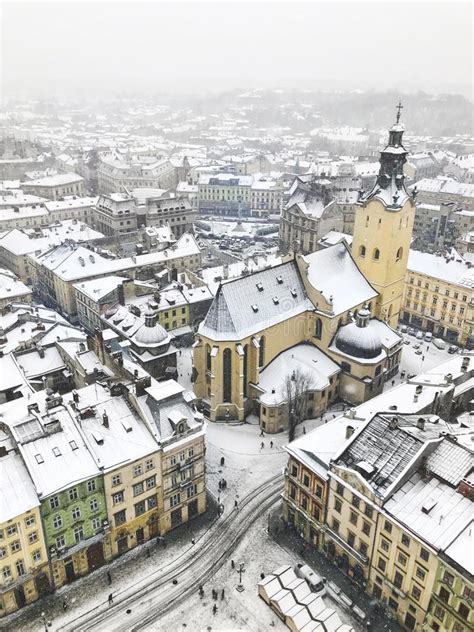 Aerial View of Lviv City in Ukraine Under Snow in Winter Stock Photo - Image of ancient ...