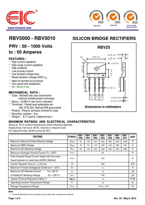 Rbv Datasheet Pdf Silicon Bridge Rectifiers