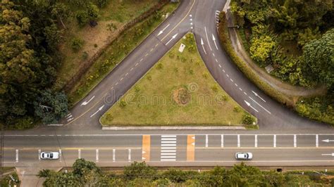 Aerial View Of A Two Lane Road With Two Exits And A Triangle Shaped