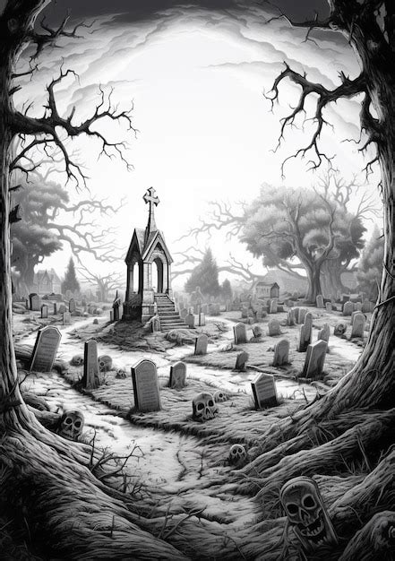 Premium Photo | A black and white illustration of a graveyard with a ...