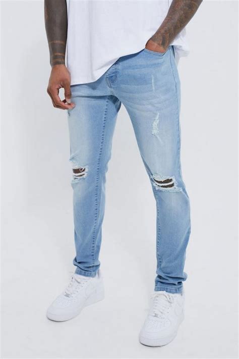 Skinny Stretch Exploded Knee Ripped Jeans Boohoo Uk