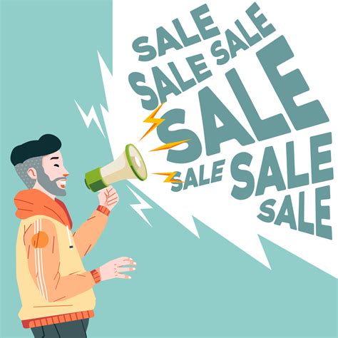 Happy man guy holding megaphone shouting loud calls customers