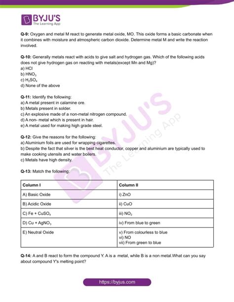 Class 8 Chemistry Worksheet On Chapter 4 Materials Metals And Non