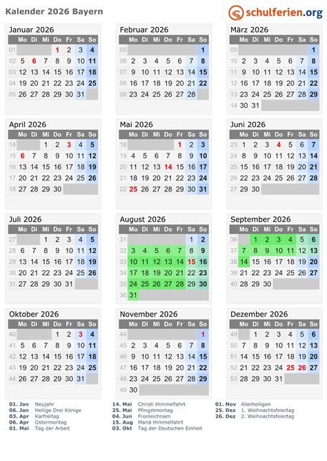 Kalender 2026 + Ferien Bayern, Feiertage
