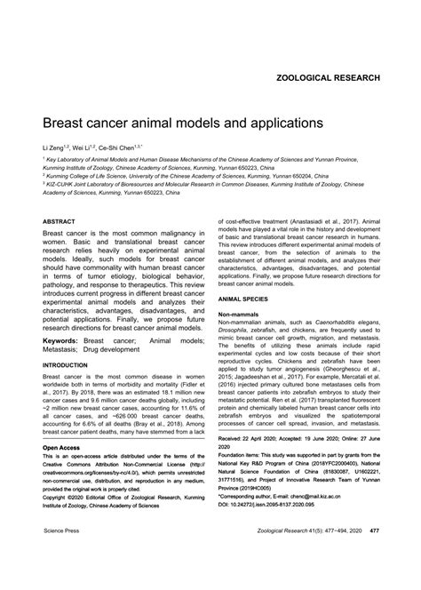 Pdf Breast Cancer Animal Models And Applications