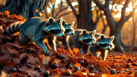 A family of raccoons exploring a forest floor covered in autumn leaves