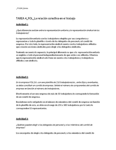 FOL04 tarea TAREA 4 FOL La relación colectiva en el trabajo Actividad