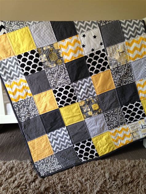 Grey And Yellow Cot Patchwork Quilt With Black By Rosaleesroom 160 00 Quilts Quilting Crafts