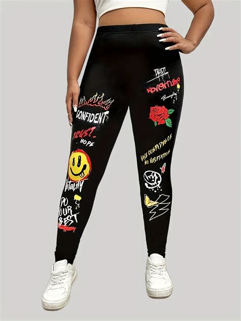 Graphic Letter Print Skinny Leggings Casual Elastic Waist Temu Canada