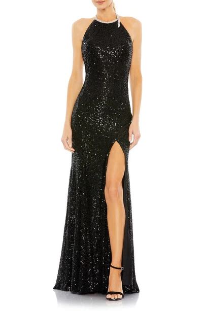 Ieena For Mac Duggal Sequin Halter Neck Column Gown In Black Modesens