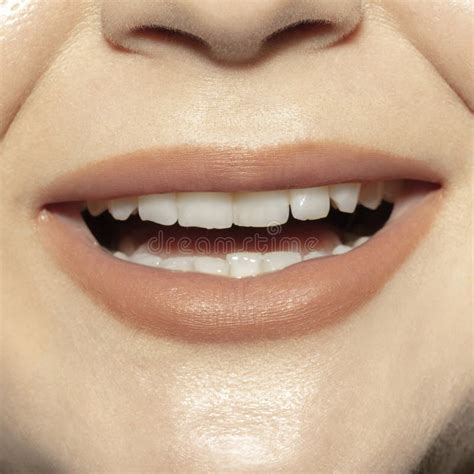Close Up Female Mouth With Natural Nude Gloss Lips Make Up Cosmetology