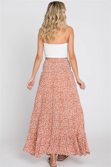 Rust Floral Smocked Waist Midi Skirt Pinkblush