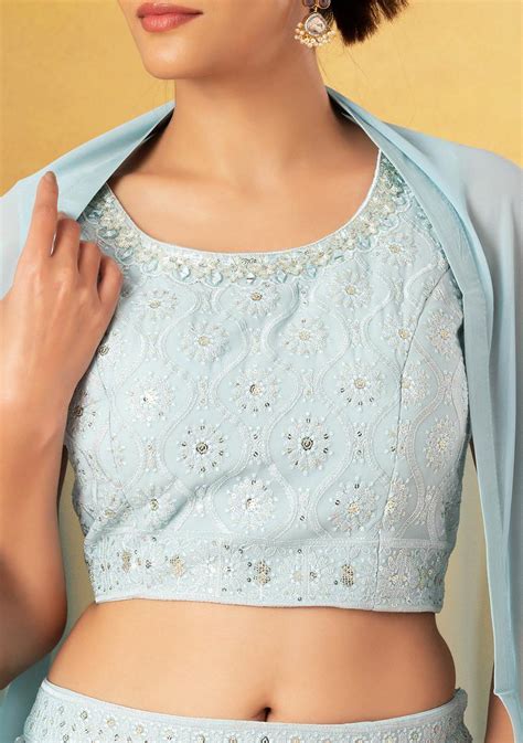 Buy Women Powder Blue Abstract Embroidered Lehenga Set With Embroidered