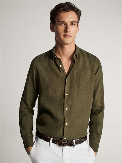 Massimo Dutti Hombre Camisa 100 Lino Tintada Slim Fit Verde Xl