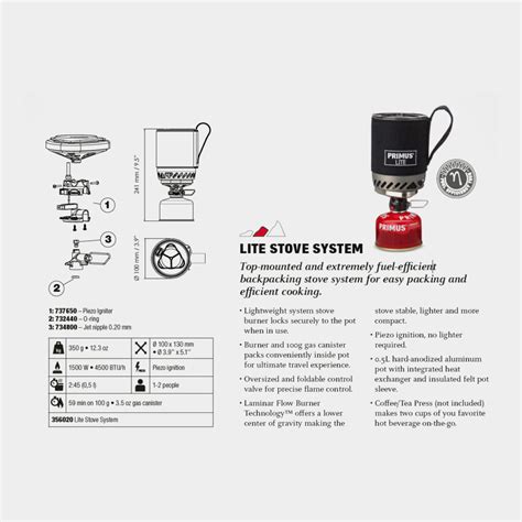 Gaskök Primus Lite Stove System 1500 W Med Integrerad Piezotändning Kastrull 500 Ml Moory