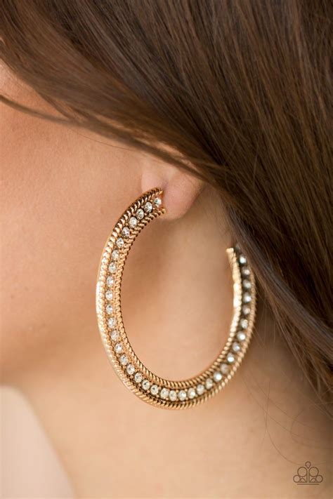 Haute Mama Gold And White Rhinestone Hoop Earrings Paparazzi