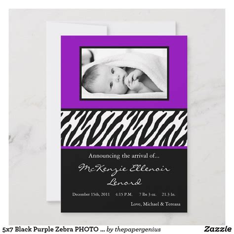 X Black Purple Zebra Photo Birth Announcement Zazzle