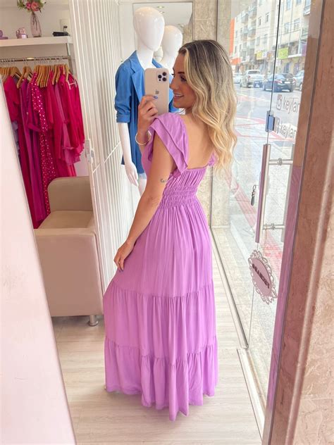 Vestido Longo Decote V Babado Ombro Keyla Nolasco Boutique Uma Marca De