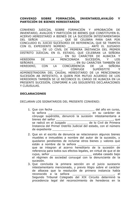 Convenio Particion DE Herencia CONVENIO SOBRE FORMACIÓN INVENTARIO