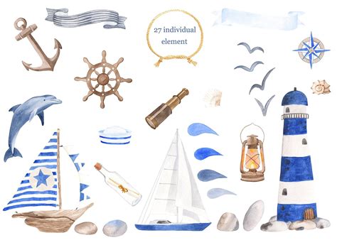 Nautical Watercolor Set: Yachts, Lighthouse, Dolphin, and More