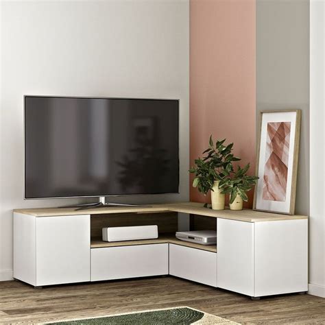 Mobile Porta TV Angolare Angle In Bianco Ed Essenza Rovere Meuble Tv