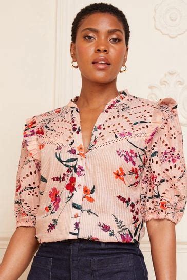 Buy Love And Roses Broderie V Neck Ruffle Yoke Puff Sleeve Blouse From